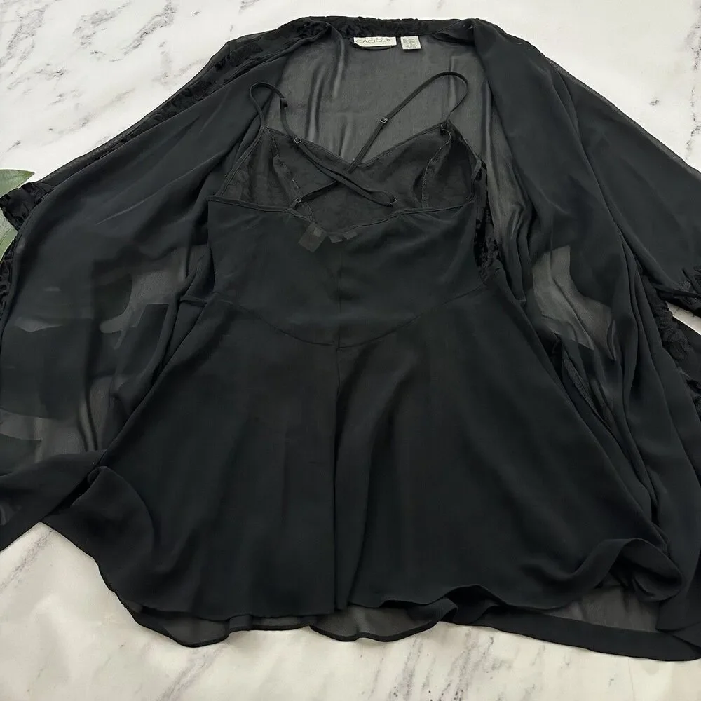 Cacique Womens Vintage Negligee Slip Robe Set Plus Size S Black Sheer Floral - Picture 10 of 16